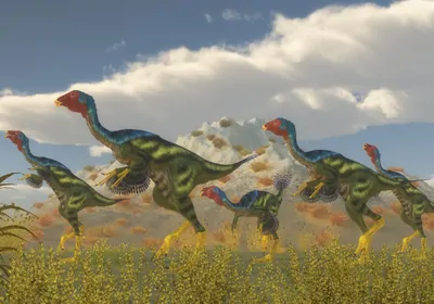 Caudipteryx Dinosaur Flock stock photo